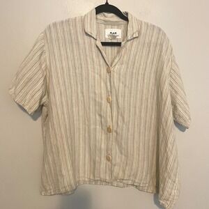 Flax linen striped button down shirt large boho lagenlook casual classic coastal